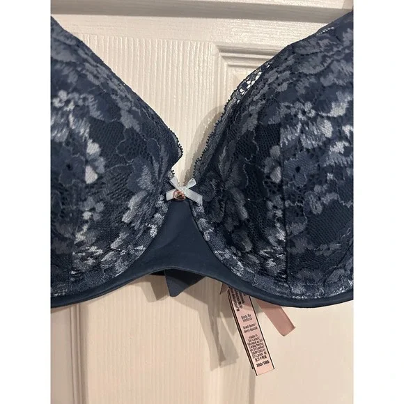Victorias Secret 38D Bra Body by Victoria Lined Demi Padded Floral Lace Blue - Picture 4 of 14
